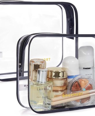 Clear Toiletry Bag, 2 Packs TSA Approved Water resistant Quart Size Travel Organizer, Airport Airline Travel Essential Carry On Makeup Cosmetic Bags for Women, Black