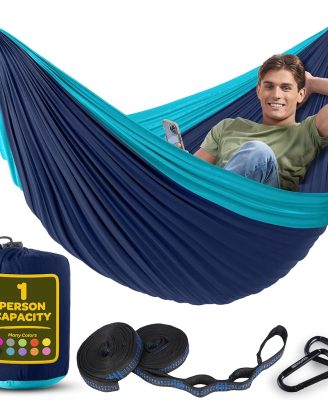 Durable Hammock 400 lb Capacity, Nylon Camping Hammock Chair - Double or Single Sizes w/Tree Straps and Attached Carry Bag - Portable for Travel/Backpacking/Beach/Backyard (Medium, Blue & Light Blue)