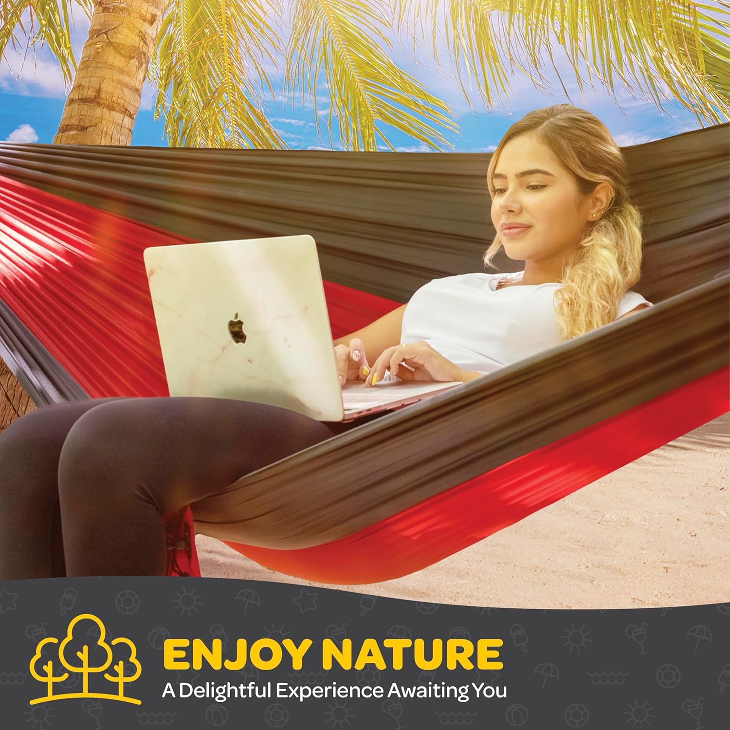 Durable Hammock 400 lb Capacity, Nylon Camping Hammock Chair - Double or Single Sizes w/Tree Straps and Attached Carry Bag - Portable for Travel/Backpacking/Beach/Backyard (Medium, Blue & Light Blue) - Image 5