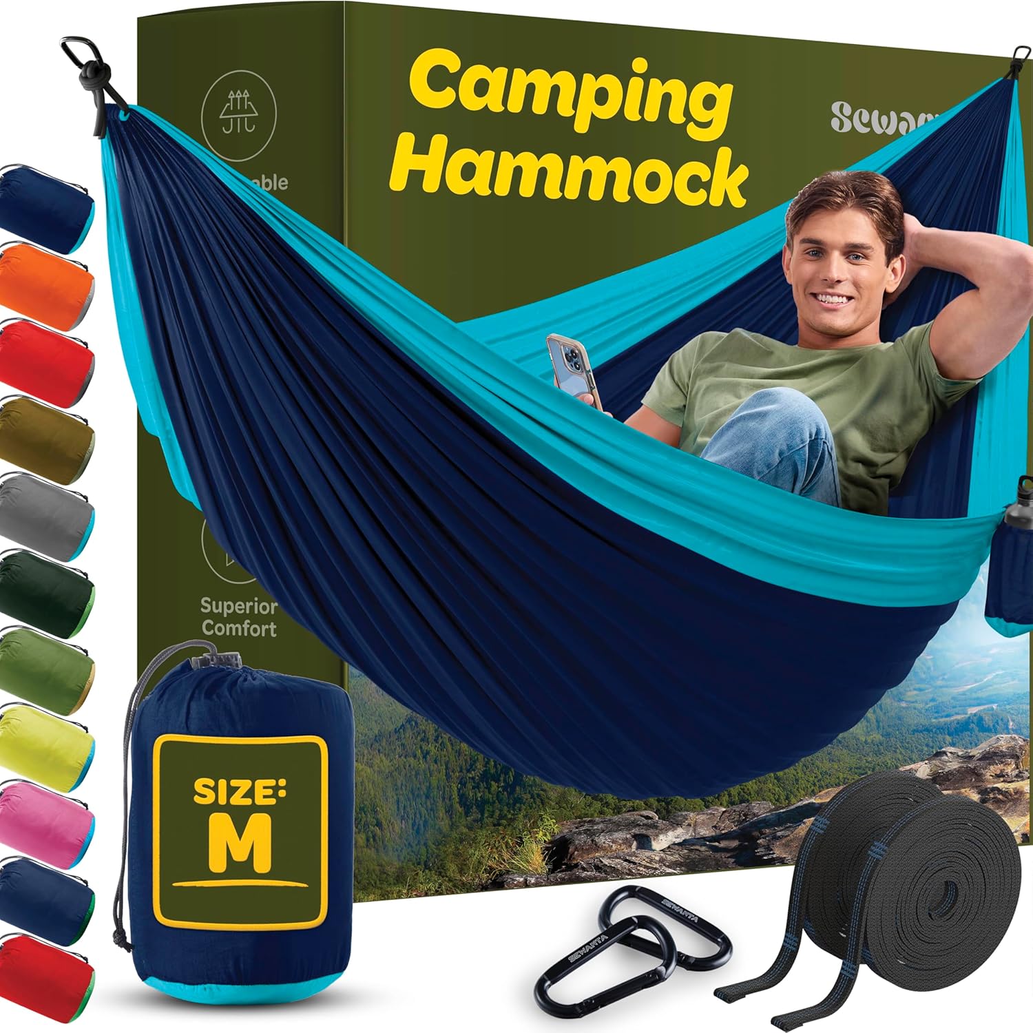 Durable Hammock 400 lb Capacity, Nylon Camping Hammock Chair - Double or Single Sizes w/Tree Straps and Attached Carry Bag - Portable for Travel/Backpacking/Beach/Backyard (Medium, Blue & Light Blue) - Image 8