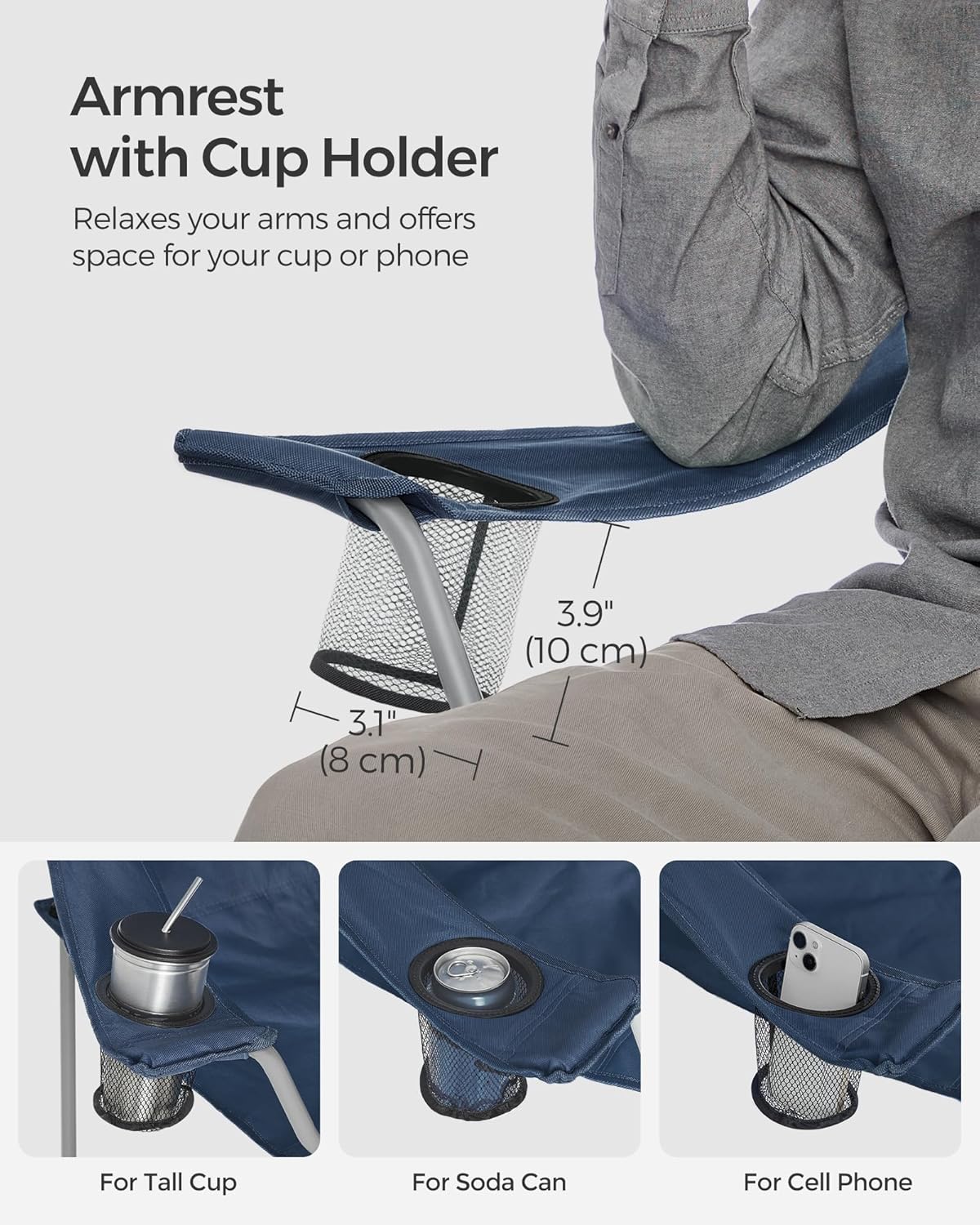 SONGMICS 2 Pack Folding Camping Chairs, Load 330 lb, Cup Holder and High Backrest, Heavy-Duty Structure, for Lawn, Garden, Fishing, Terrace - Image 7